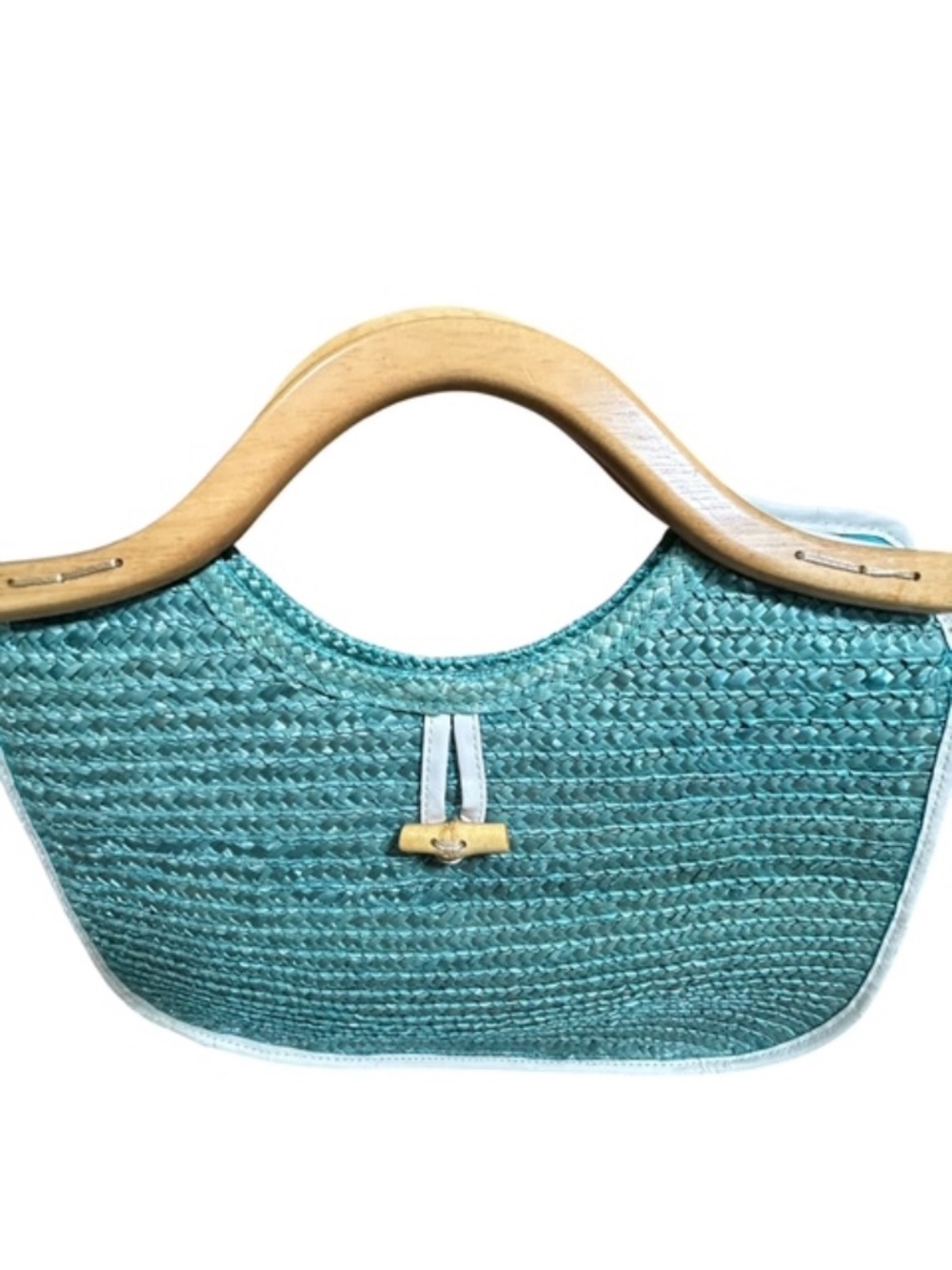 Coastal Grandma Woven Straw Bag Aqua Blue Wooden Handle Resort Beach Purse - Picture 2 of 6